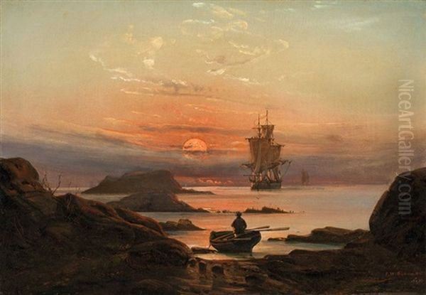 Bucht Mit Auslaufendem Segelschiff Bei Sonnenuntergang Oil Painting by August Wilhelm Ferdinand Schirmer