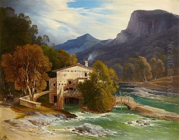 A Southern Valley With A Water Mill Oil Painting by August Wilhelm Ferdinand Schirmer