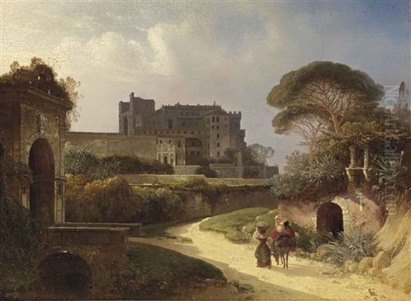 A Veduta Of An Italian Castello And Gardens Oil Painting by August Wilhelm Ferdinand Schirmer