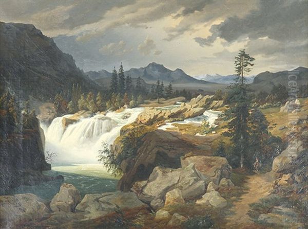 Gebirgslandschaft Mit Tosendem Wasserfall Oil Painting by Johann Wilhelm Schirmer