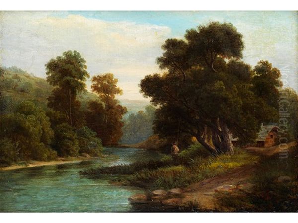 Flusslandschaft Mit Angler Oil Painting by Johann Wilhelm Schirmer