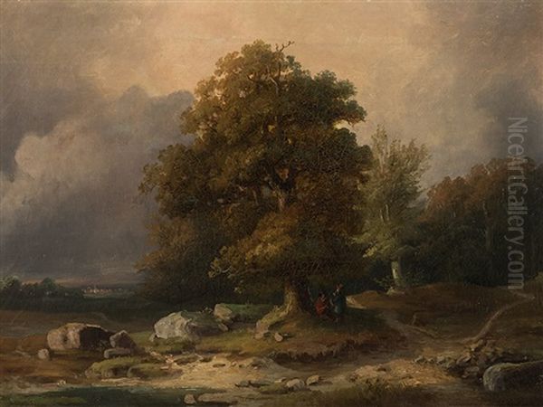 Landscape With Old Oak And Figures Oil Painting by Johann Wilhelm Schirmer