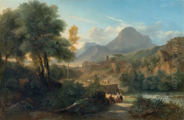 An Idyllic Mountain Landscape With A Village Oil Painting by Johann Wilhelm Schirmer