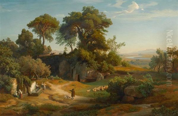 Mediterrane Landschaft Mit Schafer Und Seiner Herde Und Wassertragerinnen An Einem Brunnen Oil Painting by Johann Wilhelm Schirmer