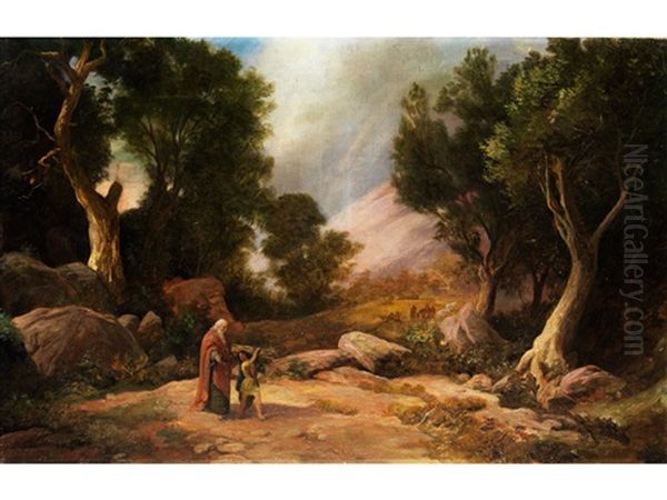 Landschaft Mit Der Biblischen Darstellung Des Ganges Von Abraham Und Seinem Sohn Isaac Zur Opferstatte Auf Dem Berg Moria Oil Painting by Johann Wilhelm Schirmer