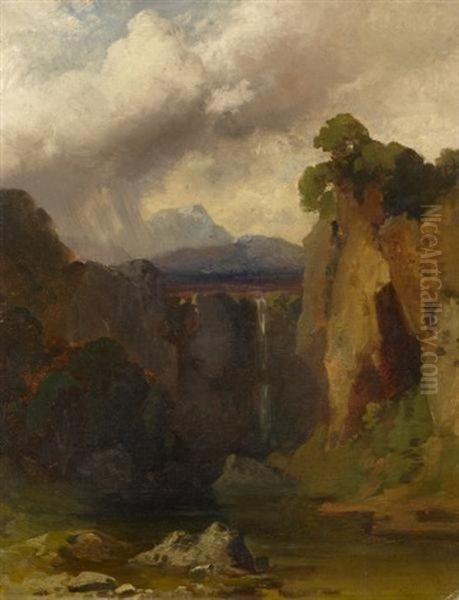 Landschaftsstudie Mit Wasserfall (study) Oil Painting by Johann Wilhelm Schirmer