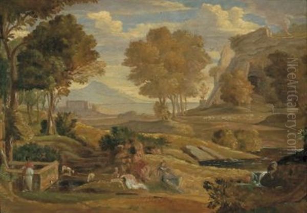 Sudliche Landschaft Mit Rastenden An Einem Brunnen Oil Painting by Johann Wilhelm Schirmer