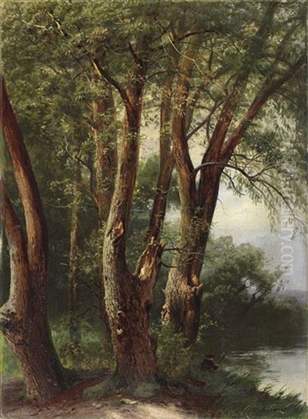 Waldstuck Am See Mit Einem Angler Oil Painting by Johann Wilhelm Schirmer