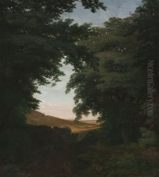 Blick Aus Dem Wald In Ein Weites Tal, Auf Dem Weg Eine Bauerin Mit Ihren Ziegen by Johann Wilhelm Schirmer