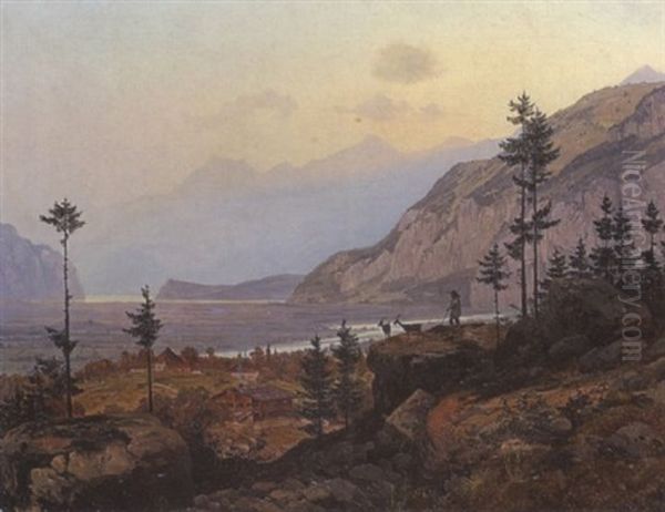 Blick In Ein Weites Flusstal Im Gebirge Oil Painting by Johann Wilhelm Schirmer