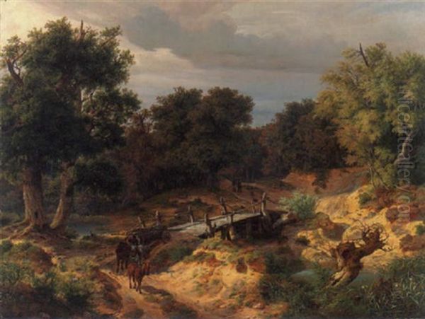 Landschaft Mit Zerfurchtem Flusbett, Brucke, Holzfuhrwerk Und Staffagen Oil Painting by Johann Wilhelm Schirmer