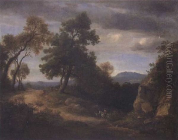 Travelers In A Wooded Landscape Oil Painting by Johann Wilhelm Schirmer