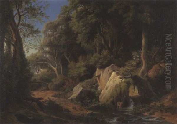 Hirsch Am Waldquell Oil Painting by Johann Wilhelm Schirmer