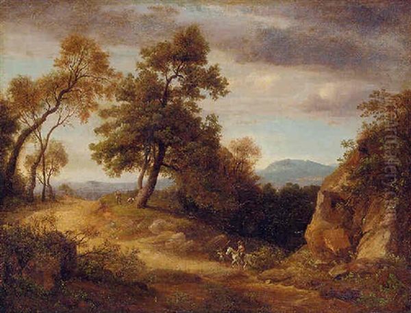 Travelers In A Wooded Landscape Oil Painting by Johann Wilhelm Schirmer