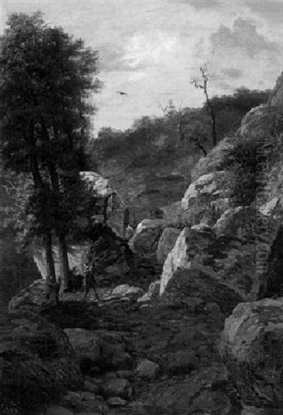 Jager Auf Bewaldetem Weg Im Gebirge Oil Painting by Johann Wilhelm Schirmer