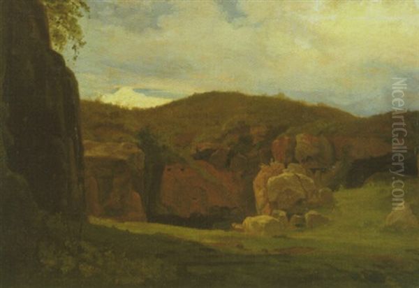 Sommerliche Landschaft Mit Einer Felsgrotte (cervara-grotte Bei Rom?) Oil Painting by Johann Wilhelm Schirmer