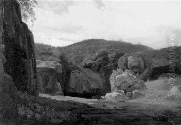 Hugellandschaft Mit Machtigen Felsen Oil Painting by Johann Wilhelm Schirmer