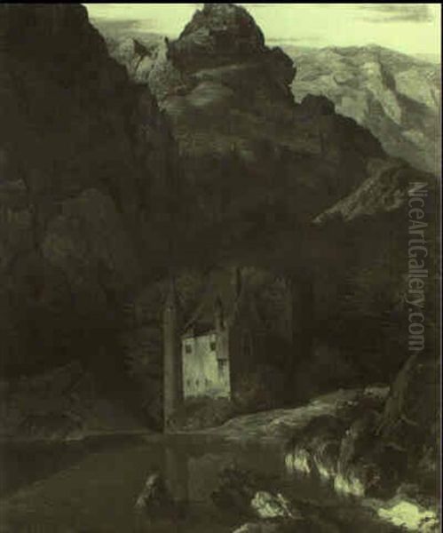 Altes Schlos Am Wasser In Enger, Dunkler Schlucht Oil Painting by Johann Wilhelm Schirmer