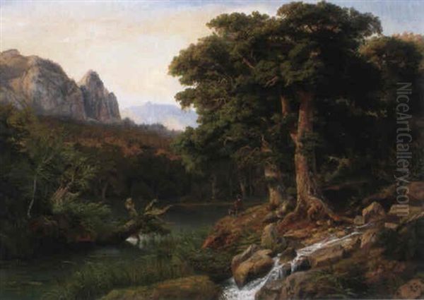 Stiller Waldweiher Im Gebirgstal Oil Painting by Johann Wilhelm Schirmer