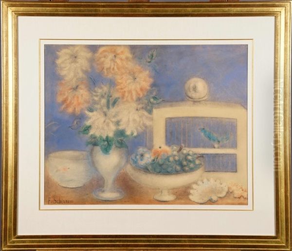 Nature Morte A La Cage A Oiseaux Oil Painting by Ferdinand Schirren