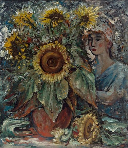 Junge Frau Arrangiert Einen Prachtigen Straus Sonnenblumen Oil Painting by Fritz Schirrmacher