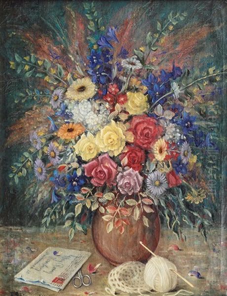 Still Life With Flowers, Crochet Hook, Scissors And Letter Oil Painting by Fritz Schirrmacher