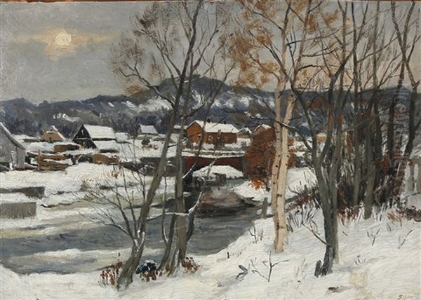 View From A Snow-covered Norwegian Village Oil Painting by Jacob Oxholm Schive