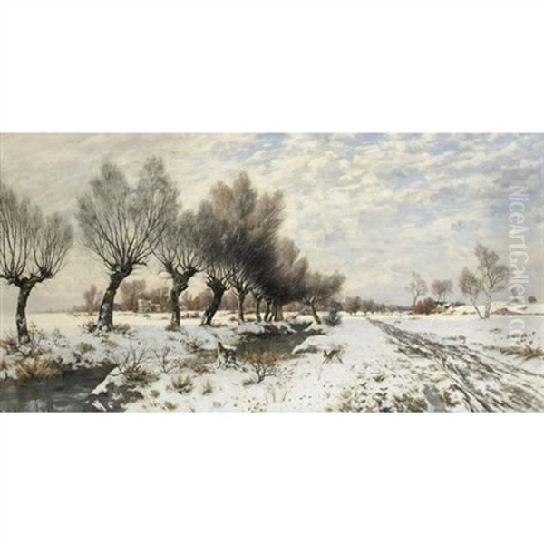 Winter Landscape With Rabbit Oil Painting by Jacob Oxholm Schive