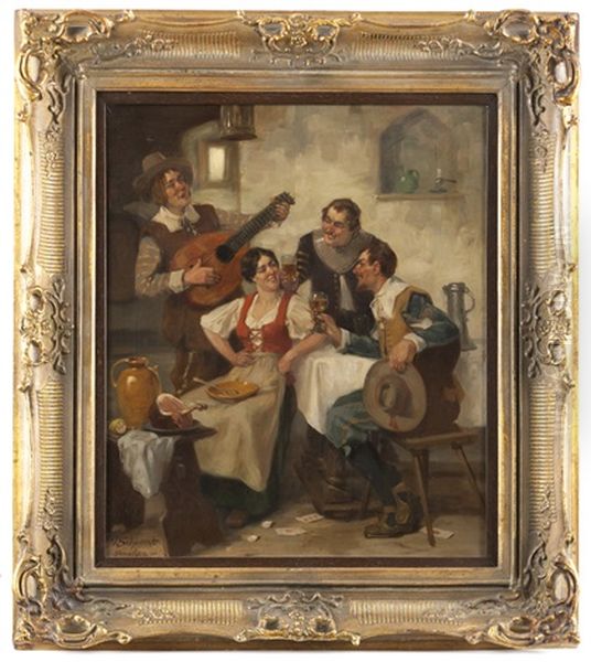 Men Flirting With A Woman In A Tavern Oil Painting by Victor Schivert