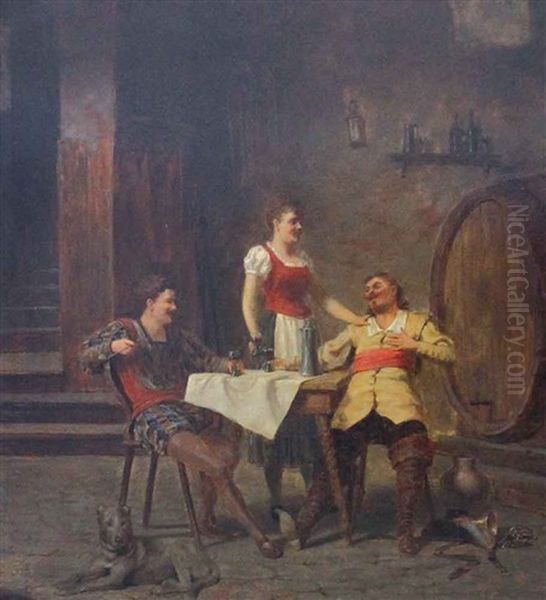 Zwei Zecher Mit Schankmagd In Einem Wirtshaus Oil Painting by Victor Schivert