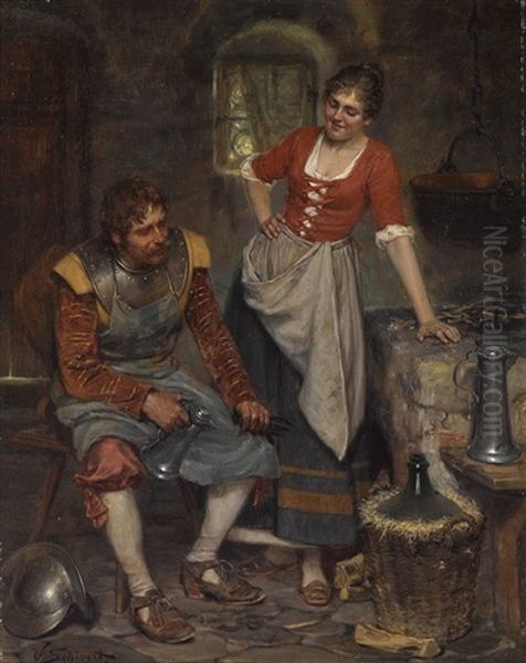 Landsknecht Und Magd An Der Feuerstelle Oil Painting by Victor Schivert