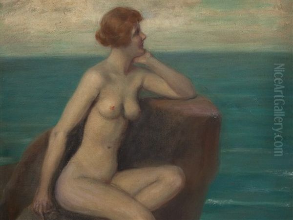 Female Nude On Rock Oil Painting by Victor Schivert