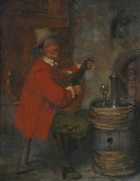 Scene From An Inn With A Musician Oil Painting by Victor Schivert