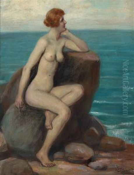 Young Naked Woman Looking Over The Ocean Oil Painting by Victor Schivert