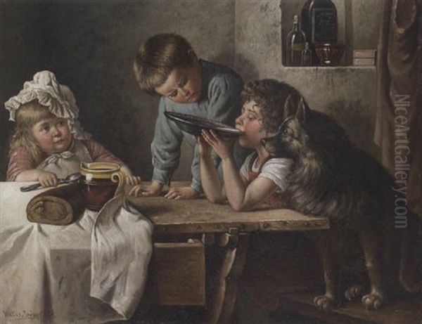 Kinder Mit Ihrem Hund In Der Stube Oil Painting by Victor Schivert