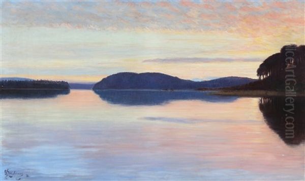 View From A Norwegian Fjord At Sunset Oil Painting by Georg Elias Schjelderup