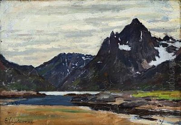 Norwegian Mountain Landscape Oil Painting by Georg Elias Schjelderup