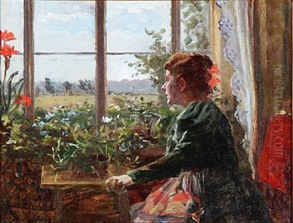 A Girl Waiting By The Window Oil Painting by Leis (Georgia Elise) Schjelderup