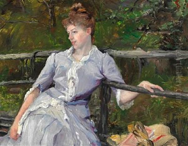 Young Woman In A Lilac Dress Sitting On A Bench In The Garden Oil Painting by Leis (Georgia Elise) Schjelderup