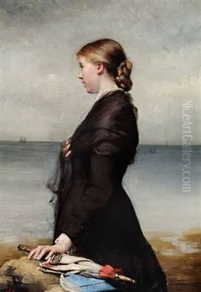 Young Woman At The Sea With A Parasol And A Book Oil Painting by Leis (Georgia Elise) Schjelderup