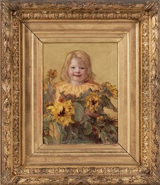 Portrait Of A Young Girl With Sunflowers Oil Painting by Leis (Georgia Elise) Schjelderup