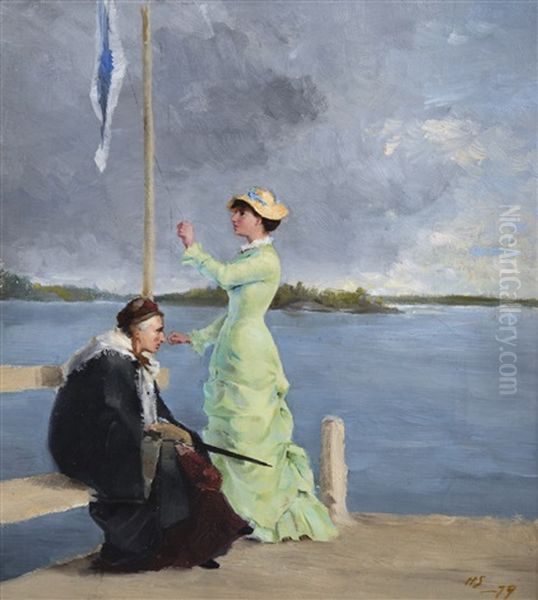 On The Jetty Oil Painting by Helene Sofia Schjerfbeck