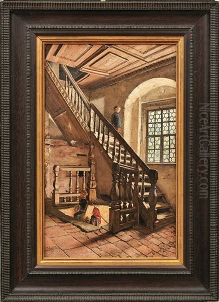 Treppenhaus In Einem Schloss Oil Painting by Adolf Schlabitz