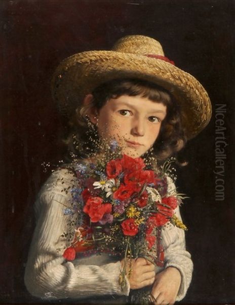 Madchen Mit Blumenstrauss Oil Painting by Adolf Schlabitz