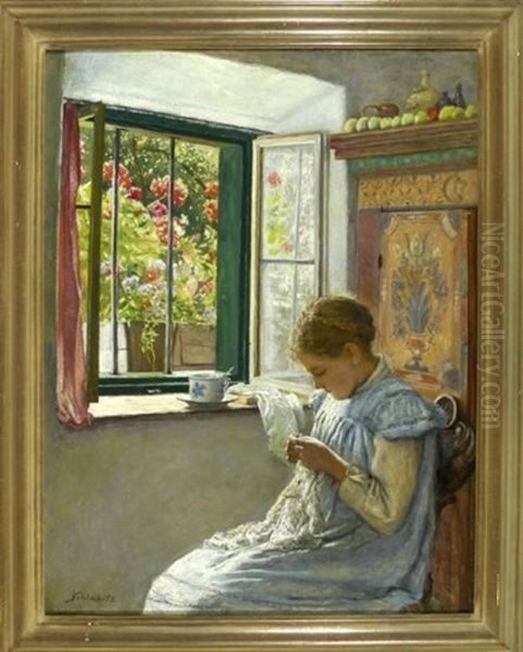 Madchen Bei Naharbeiten Am Offenen Fenster Oil Painting by Adolf Schlabitz