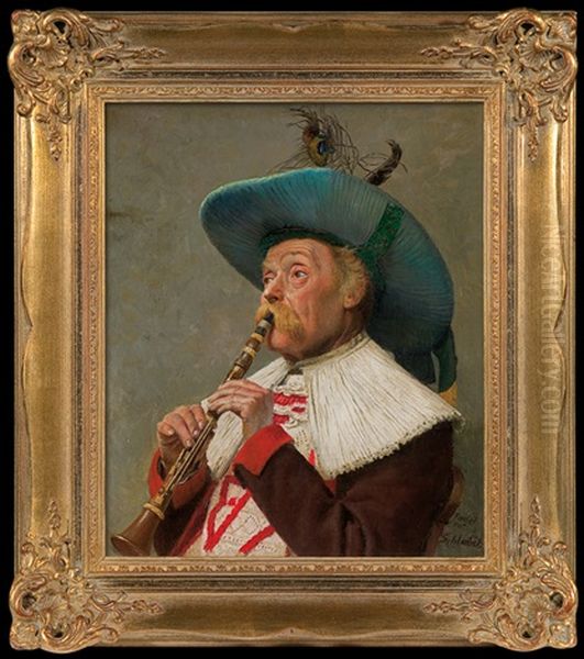 Playing Clarinet Oil Painting by Adolf Schlabitz