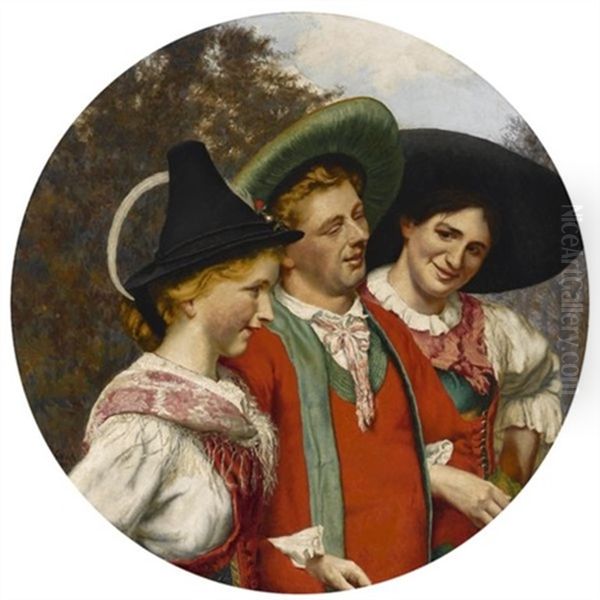 A Merry Bavarian Company Oil Painting by Adolf Schlabitz