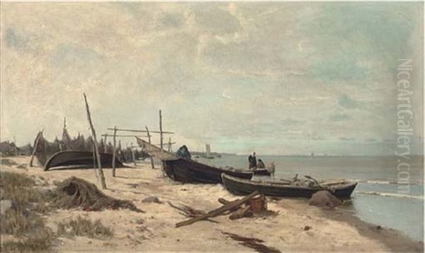 Fisherfolk On The Shore Oil Painting by Alexander Georg Fedorovitch Schlater