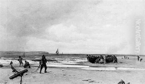 Fischer Mit Ihren Familien Am Strand Hinter Einem Trocken Aufliegenden Boot Oil Painting by Alexander Georg Fedorovitch Schlater