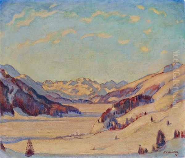 Blick Auf Piz Margna Von Zuoz Aus Oil Painting by Ernst Emil Schlatter